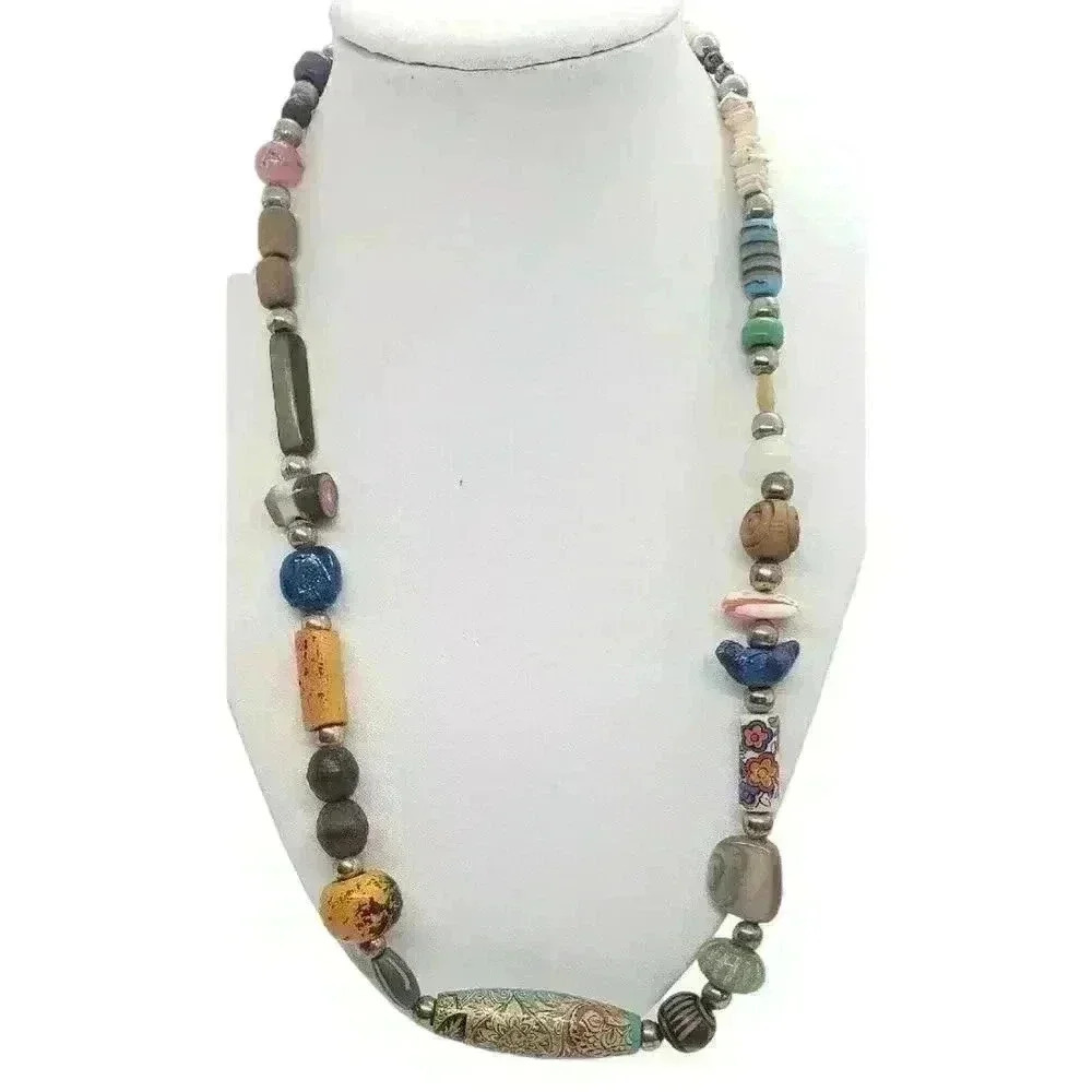 Vtg Bead Necklace Native Boho Fetish Heishi Scarab Shell Wood Murano Coral